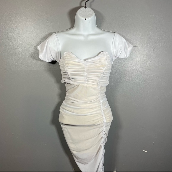 Indie XO Feeling Sultry Sheer Rutched Short Sleeve Off The Shoulder Dress White - Picture 4 of 8
